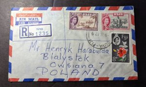 1962 Registered British Fiji Airmail Cover Suva to Bialystok Poland