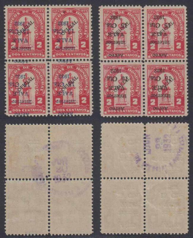 HONDURAS 1932 AIRPOST Sc C73b San 113a TWO BLOCKSx4 BLUE & BLACK INVERTED OVPTS 