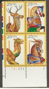 1988 Carousel Animals Plate Block Of 4 25c Postage Stamps, Sc#2390-2393, MNH,OG