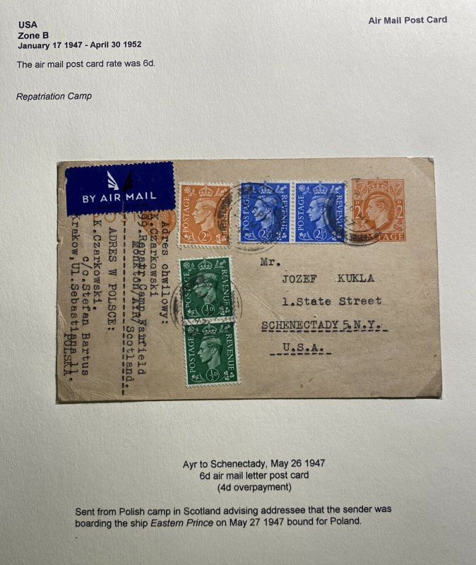 1947 Polish Reptr Camp Ayr Scotland Postcard Airmail Cover To Schenectady nY USA