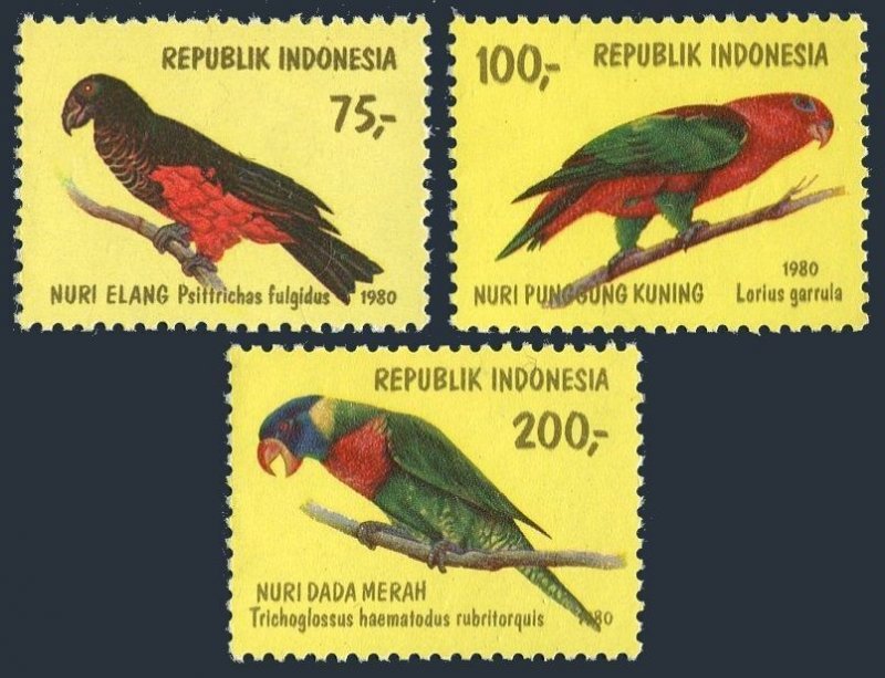 Indonesia 1104-1106, 1106A, MNH. Mi 988-990, Bl.37. Vulturine Parrot, Lory.1980.