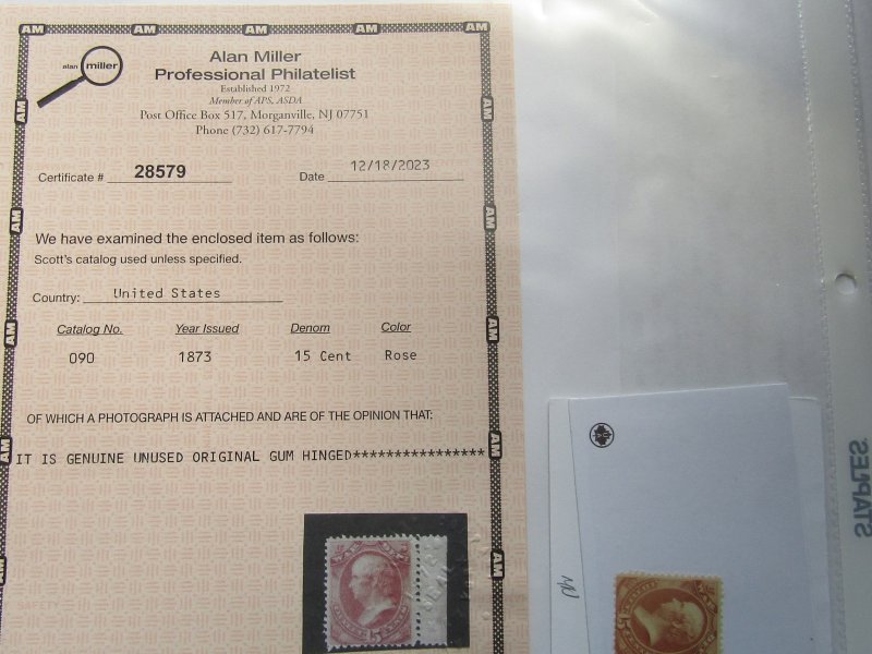 US, Scott # O90 Mint OG, Hinge, w/Certificate, WAR Dep.