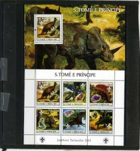 ST.THOMAS & PRINCE ISLANDS 2003 DINOSAURS SHEET OF 6 STAMPS & S/S MNH 