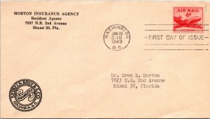 C39 AIRMAIL ON ATTRACTIVE CORNER CARD ENVELOPE CANCELLED FIRST DAY OF ISSUE 1949