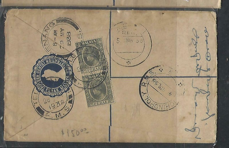 MALAYA PERAK (PP2610B) 1938 15C RLE+8C PR TELOK ANSON TO INDIA