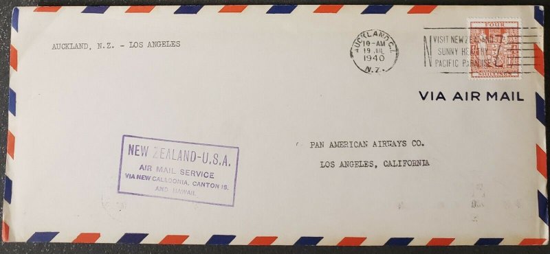 PAA FIRST FLIGHT 1940 NEW ZEALAND LOS ANGELES COVER 
