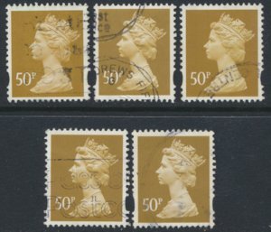 GB Machin 50p SG Y1726  x 5 for study SC#  MH233  Used see scan details  