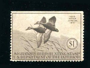 US Duck Stamp # RW7 Black Mallards 1940 $1  MH Thin Gum Spots