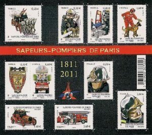 France 2011 Paris Fire Brigade 200 ann set of 10 stamps in block MNH