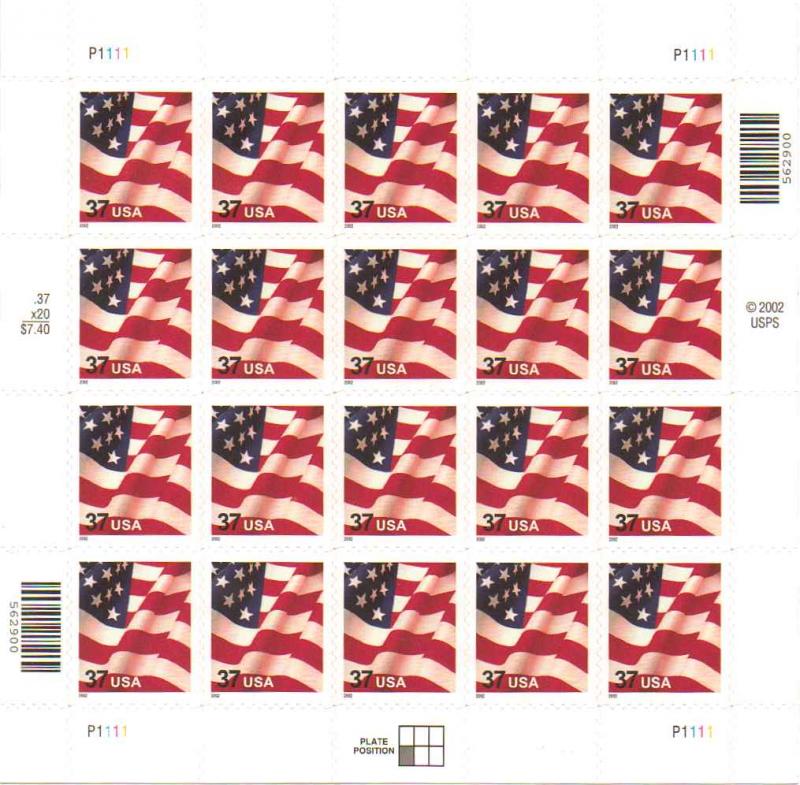 US 3630 - 37¢ Flag, Sheet, SA, DC 11.25x11 Unused
