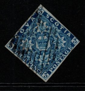 NOVA SCOTIA SG3 1851 3d BRIGHT BLUE 3-4 MARG FINE USED