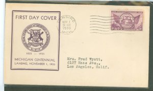 US 775 1935 3c Michigan Centennial on an aaddressed (typed) FDC with a Breker cachet