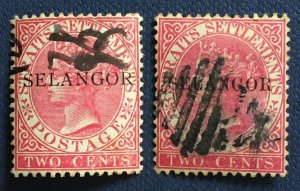 Malaya SELANGOR 1895-91 opt Straits Settlements QV 2c Varieties Used  SG#35b&42