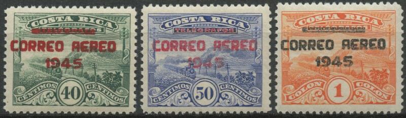 Costa Rica 1945 MNH Airmail Set | Scott C117-C119 | Overprinted Telegraphs