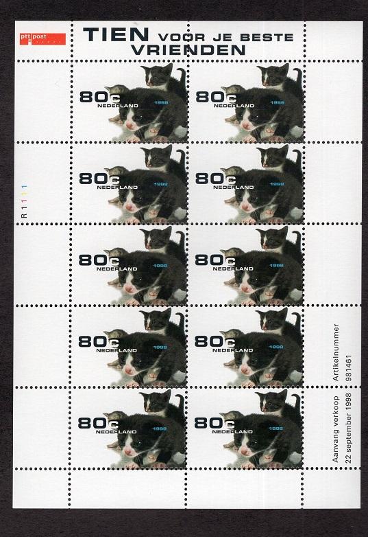 Netherlands  #1013  1999  MNH  pets  sheet of ten  kittens stamps