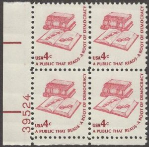 1975 Democracy-Public Reads Plate Block Of 4 4c Postage Stamps, Sc#1585, MNH, OG