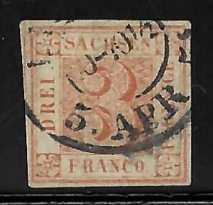 GERMAN STATES SAXONY #1 - 1850 USED VF CDS -CERT-  Numeral 3pf BRICK RED - RARE