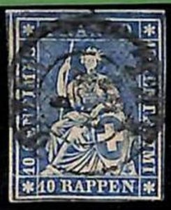 94991aC - SWITZERLAND - STAMP - Zumstein # 23 Green Thread  / Medium Paper USED