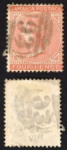 Jamaica SG22b 4d Red-brown Wmk CA (creased) Cold Spring 193 Pmk