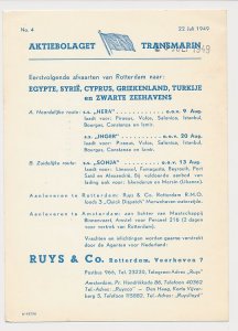 Meter card Netherlands 1949 Shipping Company Ruys and Co.- Sailing list Rotterda