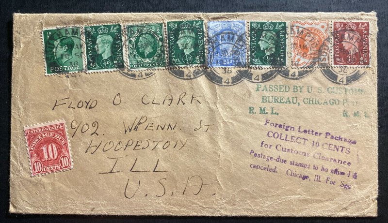 1938 Southampton England Cover To Hoopeston IL USA Postage Due 