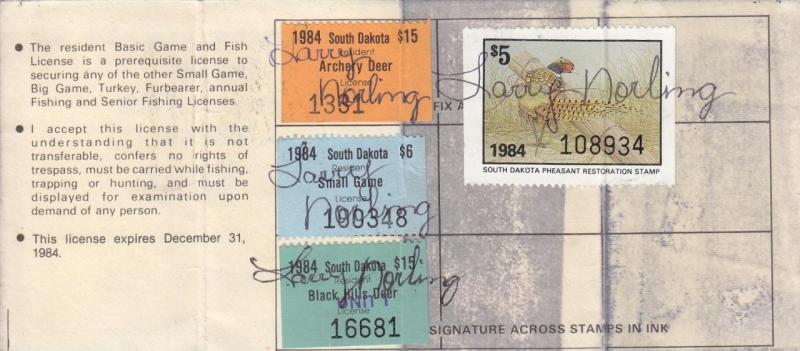 1984, South Dakota, Archery, Small Game, Pheasant & Black Hills Tax Stamp (2526)