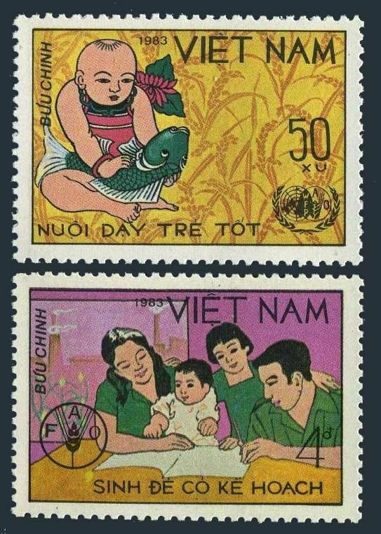 Viet Nam 1321-1322,MNH.Mi 1379-1380. World Food Day,1983.Infant,fish,Family.