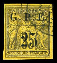 French Colonies, Guadeloupe #2 Cat$60, 1884 25c on 35c black, used, signed Ko...