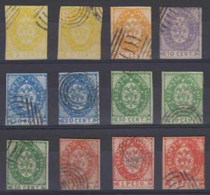 COLOMBIA 1865 Sc 35-42 & 37a TWELVE SPIRO FORGERIES SHADES MUTE CANCELS (CV$316) 