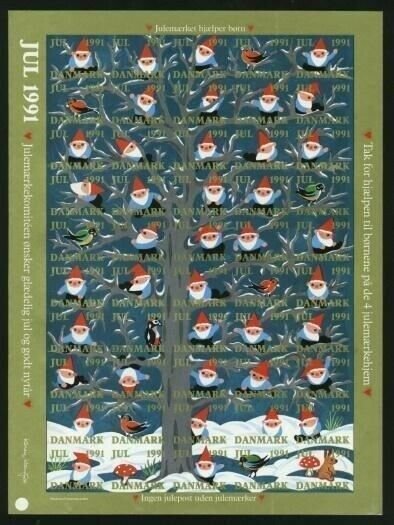 Denmark  Christmas Full Sheet Mnh. 1991. Imperforated. Santa,Tree,Birds,Hare