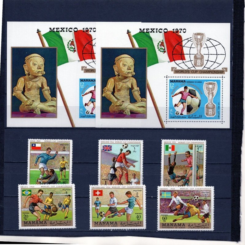 MANAMA 1970 SOCCER WORLD CUP MEXICO SET OF 6 STAMPS & 2 S/S PERF. & IMPERF. MNH