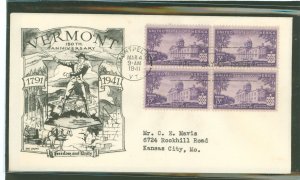 US 903 1941 3c Vermont/150th anniversary of statehood, block of four on an addressed (typed) first day cover with a Lowry-aristo