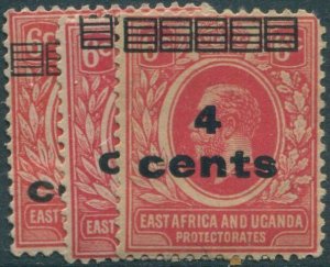 Kenya Uganda and Tanganyika 1919 SG64 4c on 6c scarlet with bars KGV (3) toned b