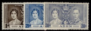 ADEN GVI SG13-15, 1937 CORONATION set, M MINT.