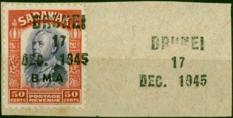 Brunei 1945 50c BMA of Sarawak SG139 with Local Opt on Piece