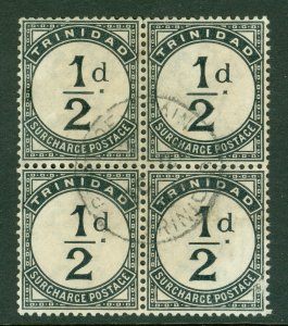 SG D1 Trinidad 1885. ½d block of 4. Very fine used, lower right stamp...