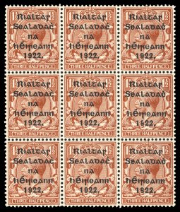 Ireland #15a (SG 10a) Cat£375+ (for hinged single stamp), 1922 1 1/2p red br...