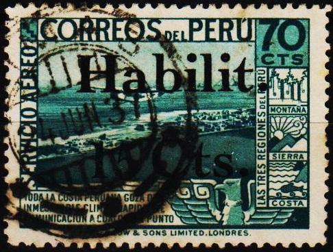 Peru. 1937 15c on 70c S.G.613 Fine Used