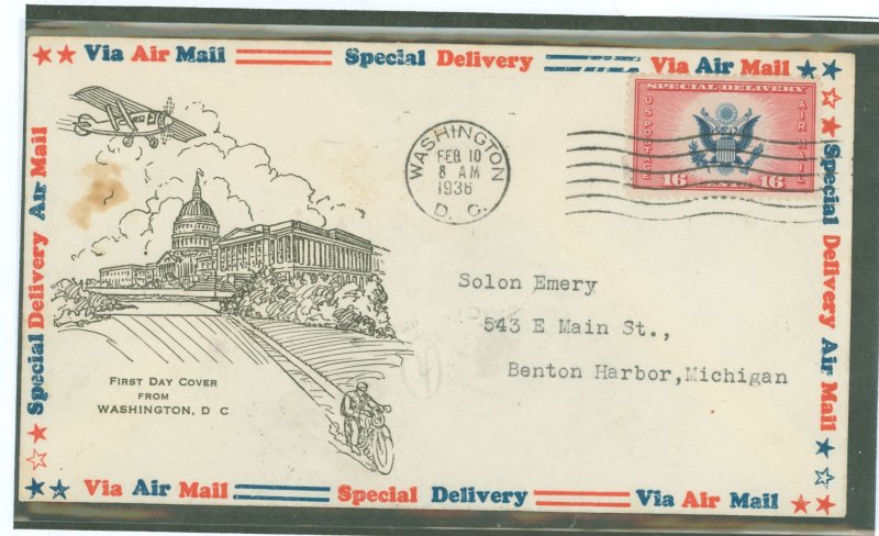 US CE2 1936 16c Airmail special delivery/bi-color seal of the US on an addressed (typed) FDC with a Harry Ioor cachet on bordere