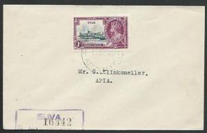 FIJI 1935 Jubilee 1/- on registered cover ex Suva to Samoa.................61770