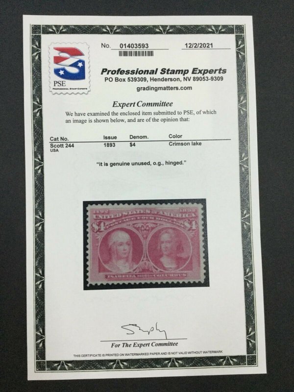 MOMEN: US STAMPS #244 MINT OG H PSE CERT LOT #70013