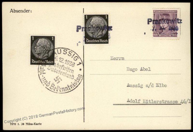 3rd Reich Germany Praskowitz Sudetenland 1938 Annexation Provisional Cover 70428