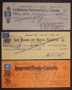 CANADA REVENUE FX64 EXCISE TAX STAMPS USED ON CHEQUES