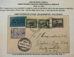 1931 Swakopmund South West Africa First Flight Cover FFC To Walvis Bay