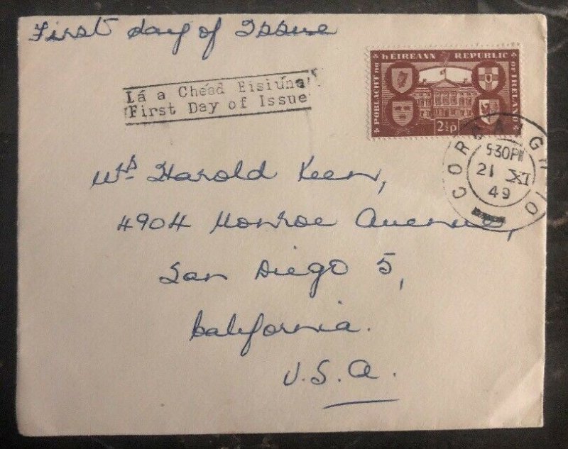 1949 Cork Ireland First Day Cover FDC To San Diego Ca USA 2 1/2p