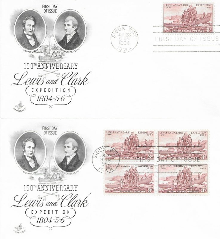 1954 FDC, #1063, 3c Lewis and Clark Expedition, Art Craft, single/block of 4