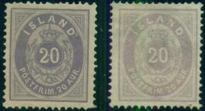 ICELAND #13, 13a 20aur dark & light violet shades, hinged & no gum, Scott $1,135