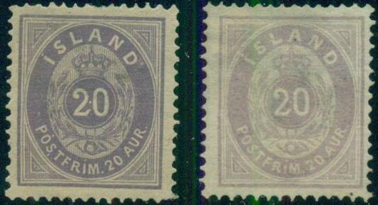 ICELAND #13, 13a 20aur dark & light violet shades, hinged & no gum, Scott $1,135