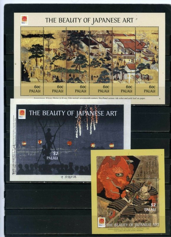 PALAU 2001 Sc#612-613,615 JAPANESE PAINTINGS SHEET OF 6 STAMPS & 2 S/S MNH 