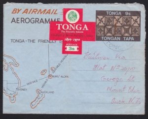 TONGA 1973 9s aerogramme uprated 3s Red Cross - Haapai cds to NZ...........D6757